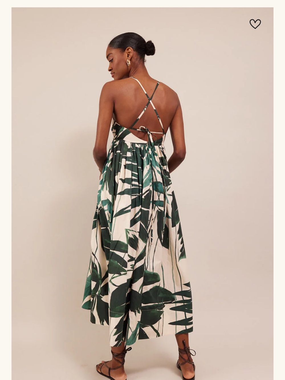 Cream Maxi Dress with Green Leaf Print and Crisscross Straps - Picture 2 of 5